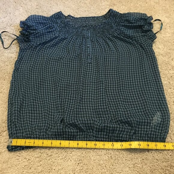 Checkered Chiffon Ruched Puff Sleeve Milkmaid Blouse - Picture 9 of 12